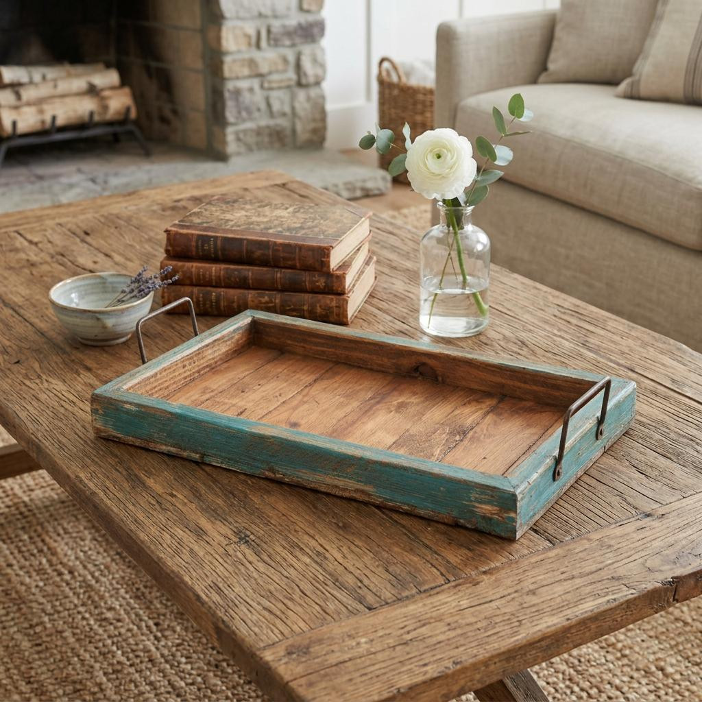 724227 21 in. Natural & Turquoise Solid Wood Handmade Serving Tray with Handles