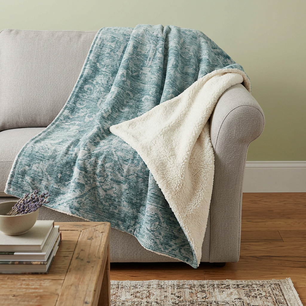 712270 50 x 70 in. Blue & Ivory Damask Plush Throw Blanket