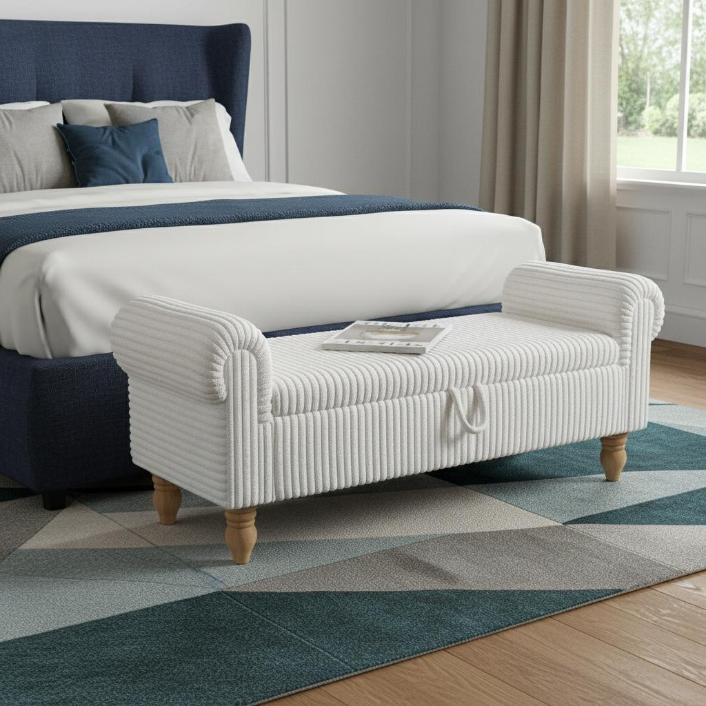 724170 55 in. White & Brown Corduroy & Solid Wood Upholstered Storage Bench with Flip Top