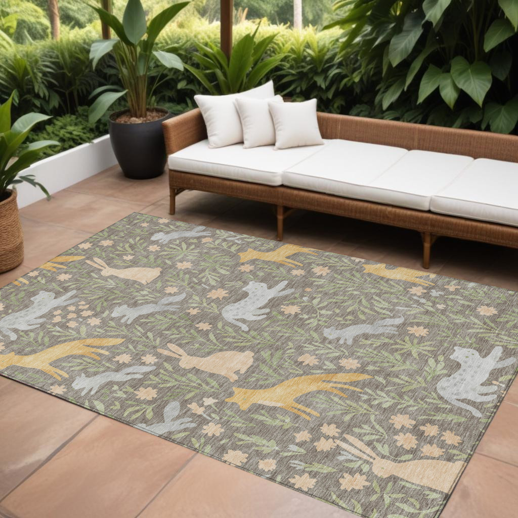 728256 9 x 12 ft. Taupe & Green Forest Animals & Botanical Leaves Washable Rectangle Area Rug