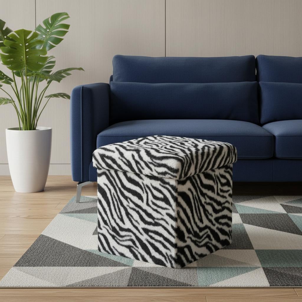 712825 12 in. Black & White Faux Fur Zebra Storage Ottoman