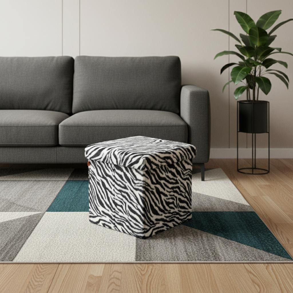 712828 15 in. Black & White Faux Fur Zebra Storage Ottoman