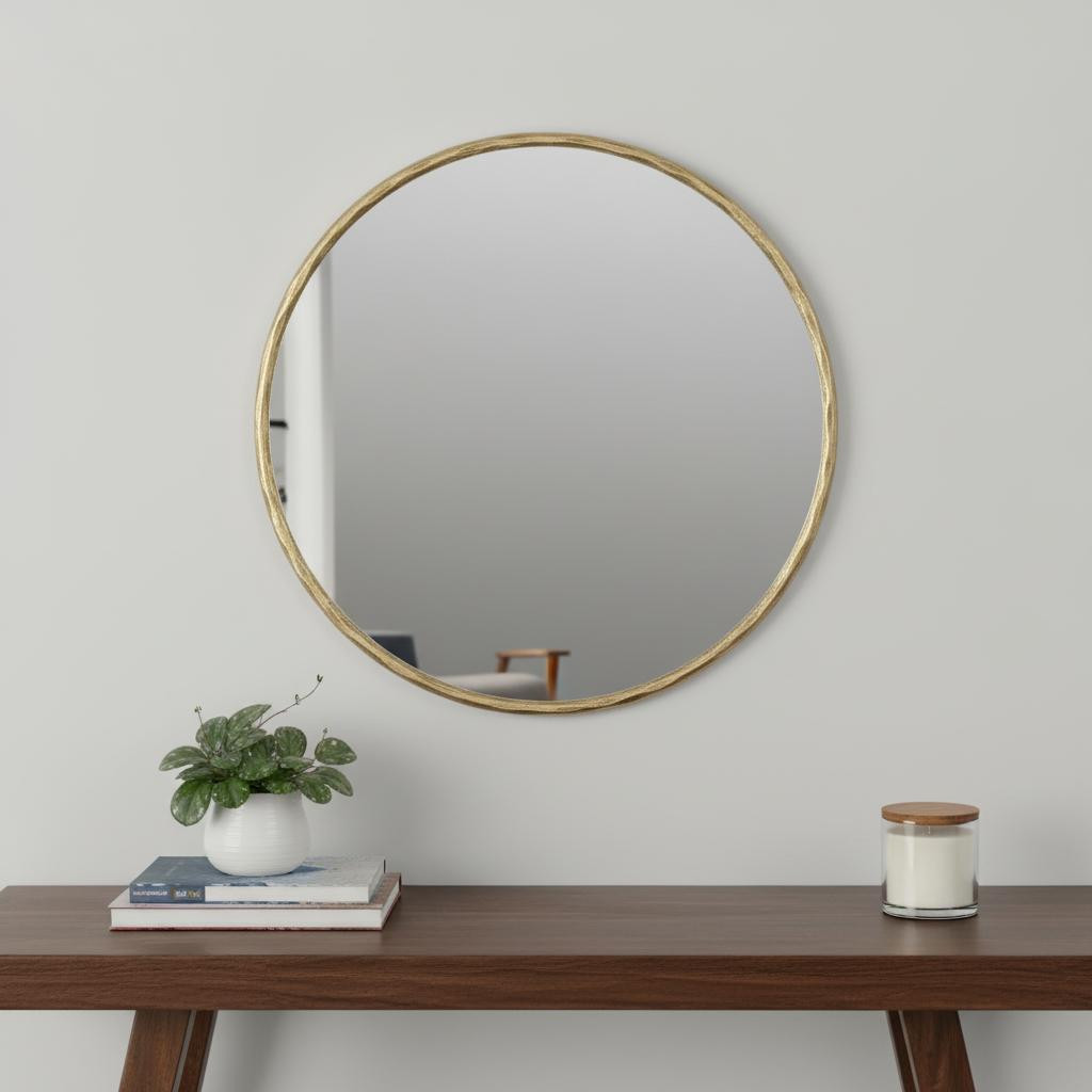 605304 24 in. Antiqued Brass Iron Round Framed Accent Mirror
