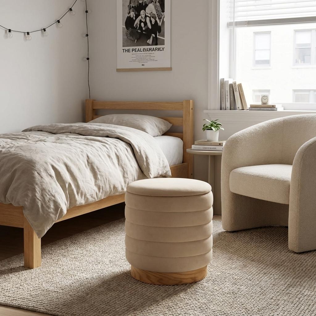 720461 16 in. Beige & Natural Velvet Tufted Cylinder Storage Ottoman