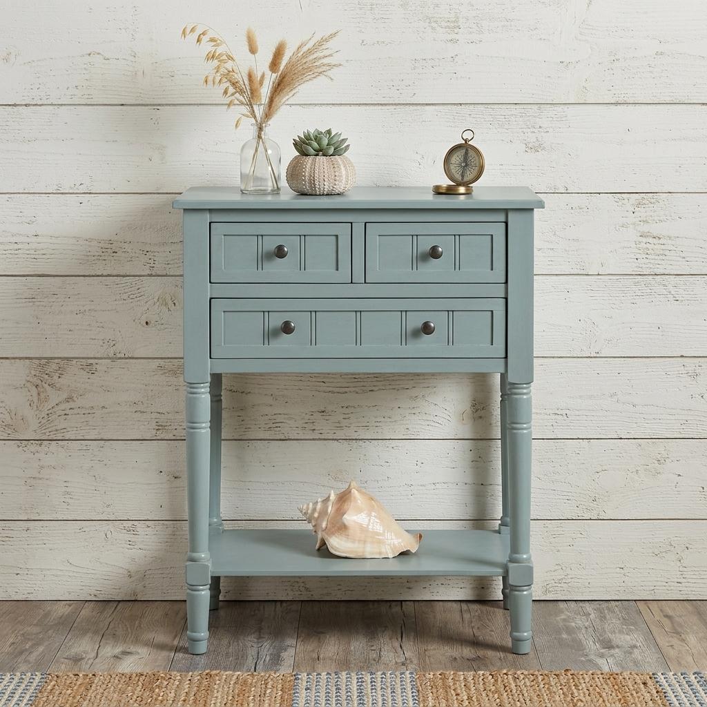 738132 24 in. Light Blue Solid Wood Distressed Console Table with Shelf & Three Drawers