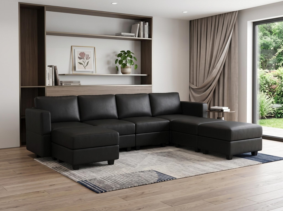753079 Black Faux Leather Modular Storage Sectional with Ottomans - 7 Piece