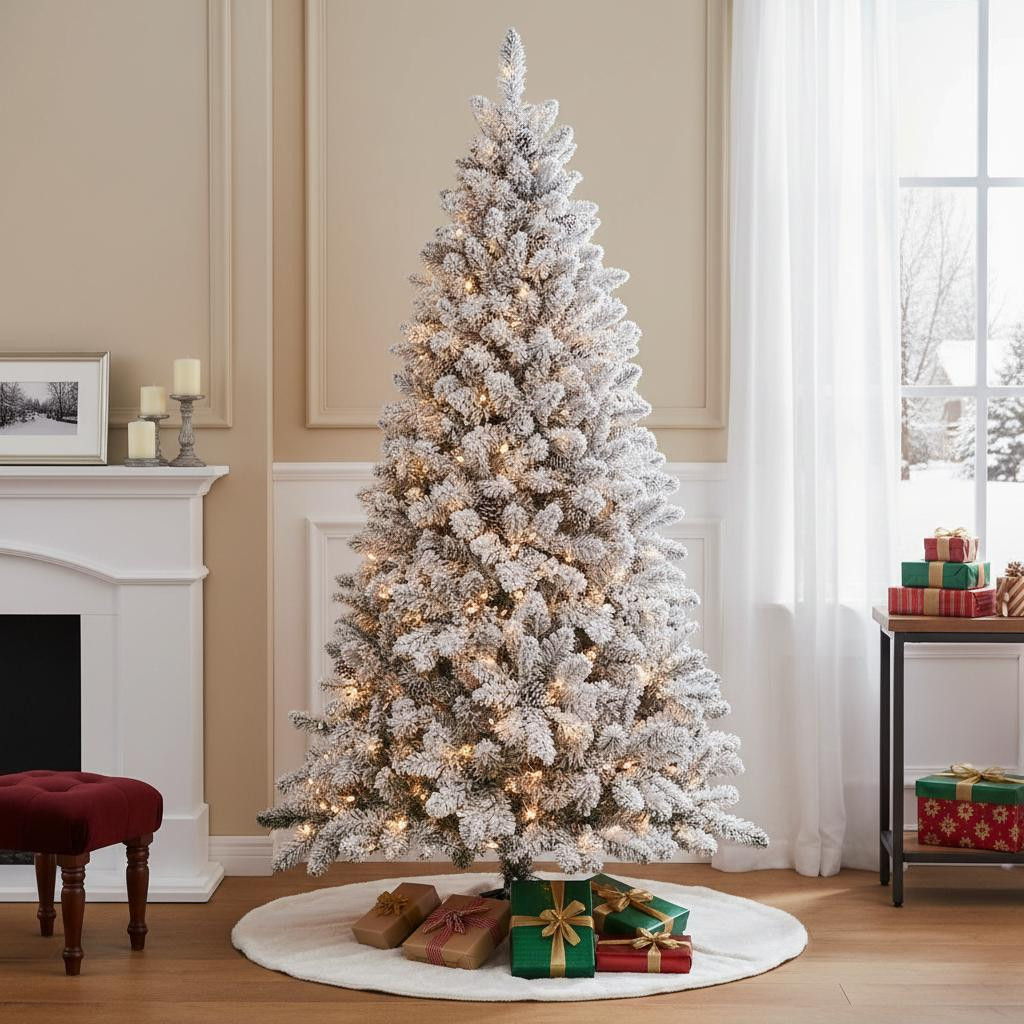 709837 9 ft. Pre Lit Full Flocked Spruce Christmas Tree