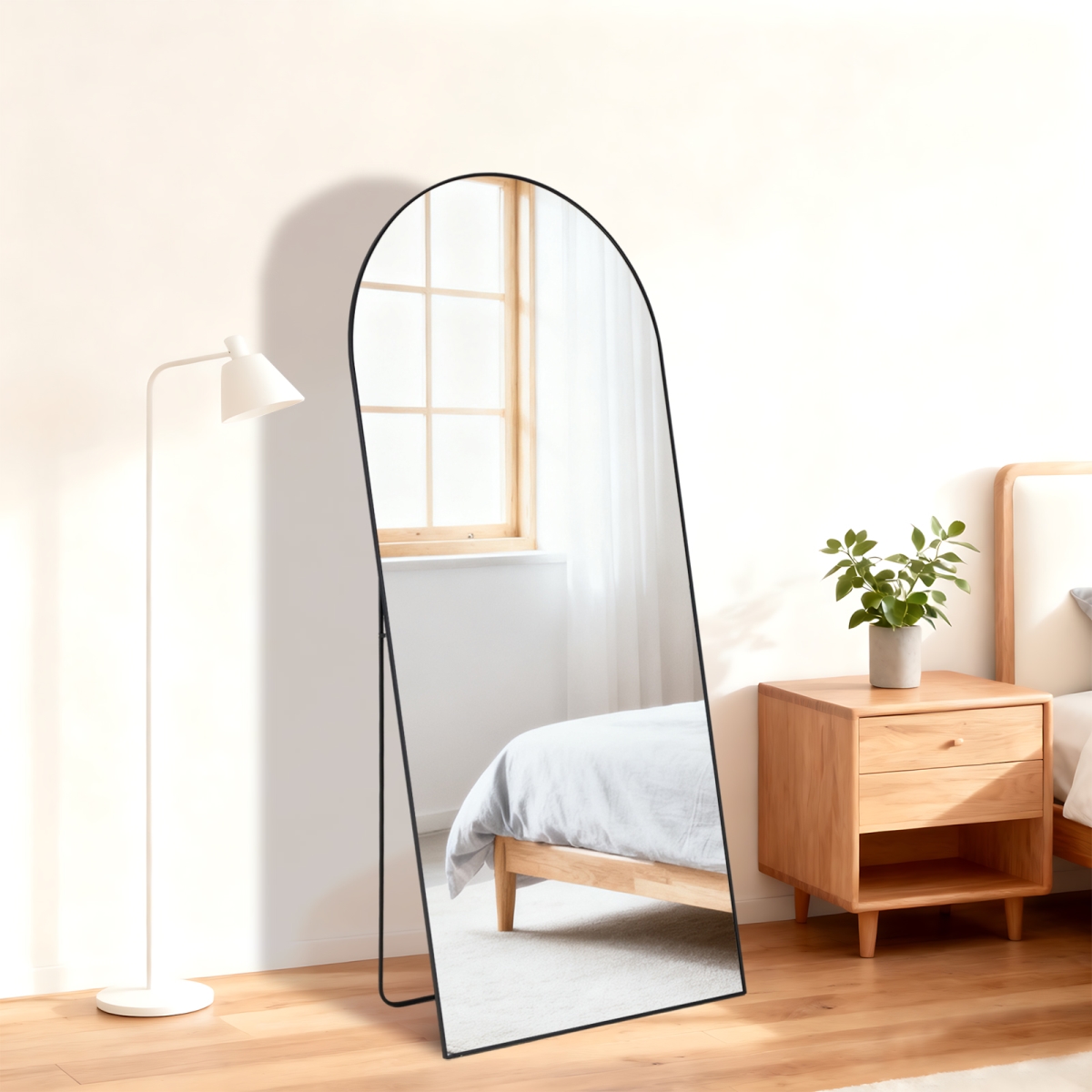 723698 57 in. Black Aluminum Arch Freestanding & Wall Mounted Framed Full Length Mirror