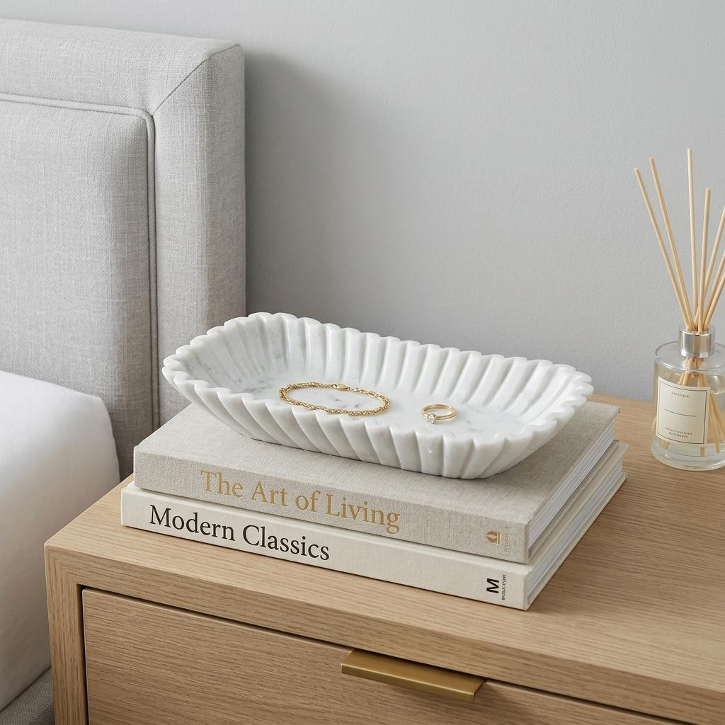 738030 14 in. White Marble Fluted Oblong Tray