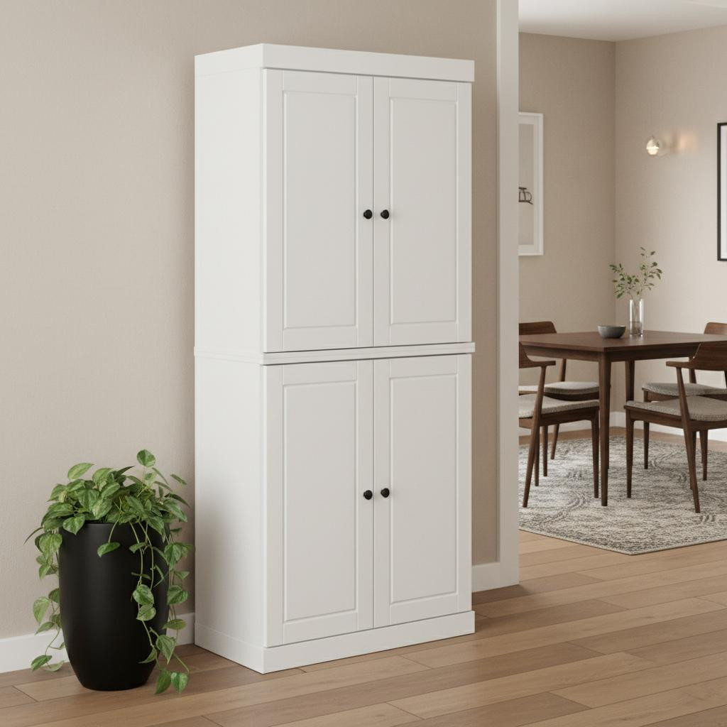 722590 72 in. White Solid Wood Four Door Pantry or Storage Closet