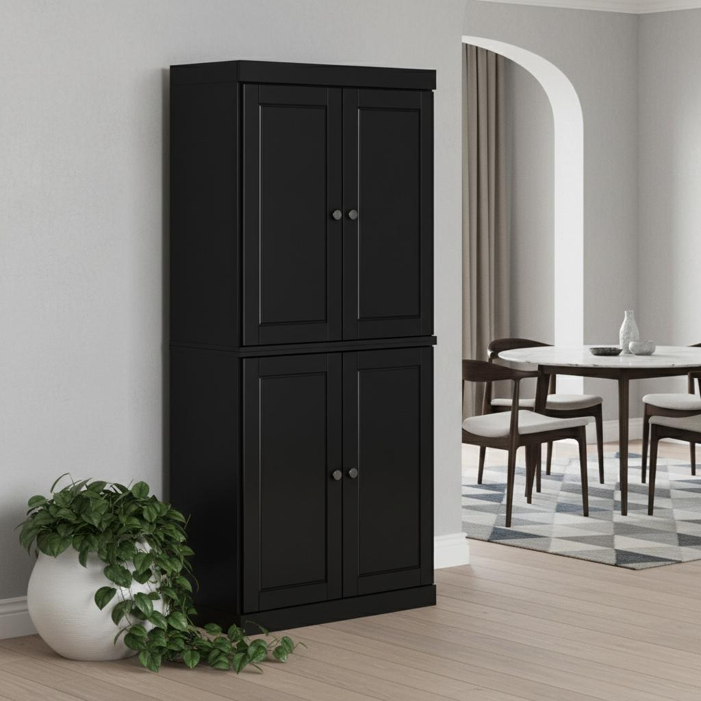 722593 72 in. Black Solid Wood Four Door Pantry or Storage Closet