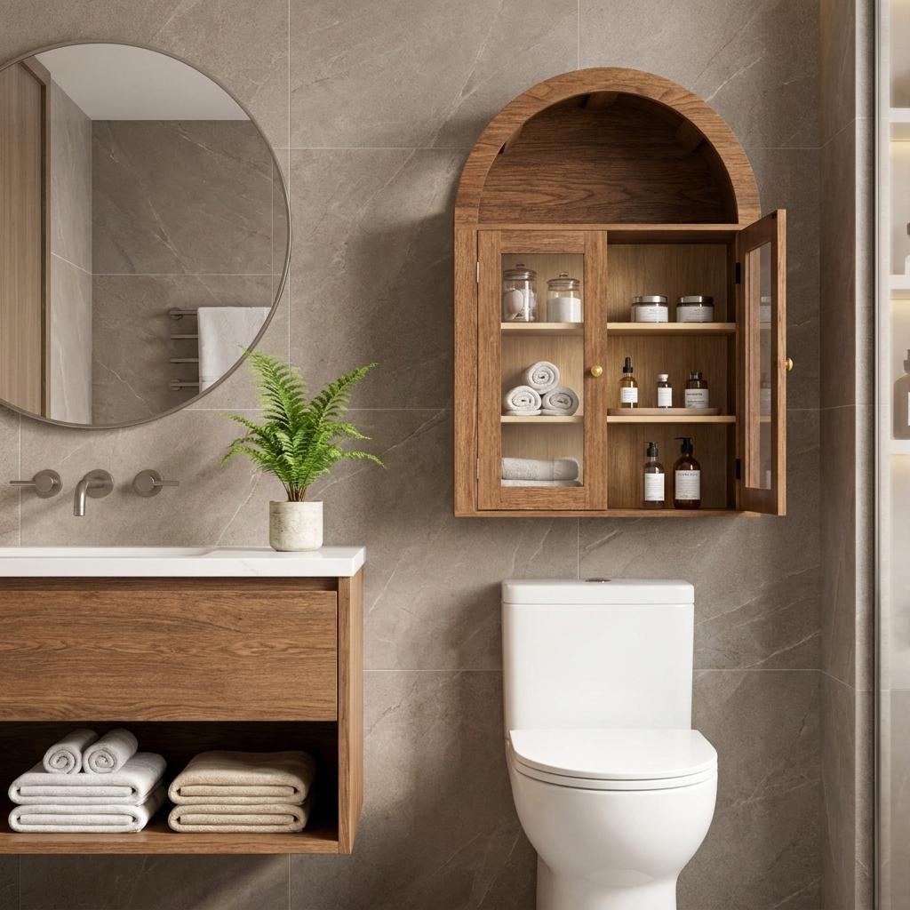 738023 32 in. Brown Wood Wall Mounted Glass Panel Inlay Four Door Bathroom Cabinet