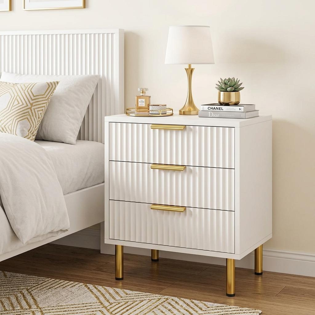 746703 24 in. White Wood Ribbed Texture Three Drawer Nightstand