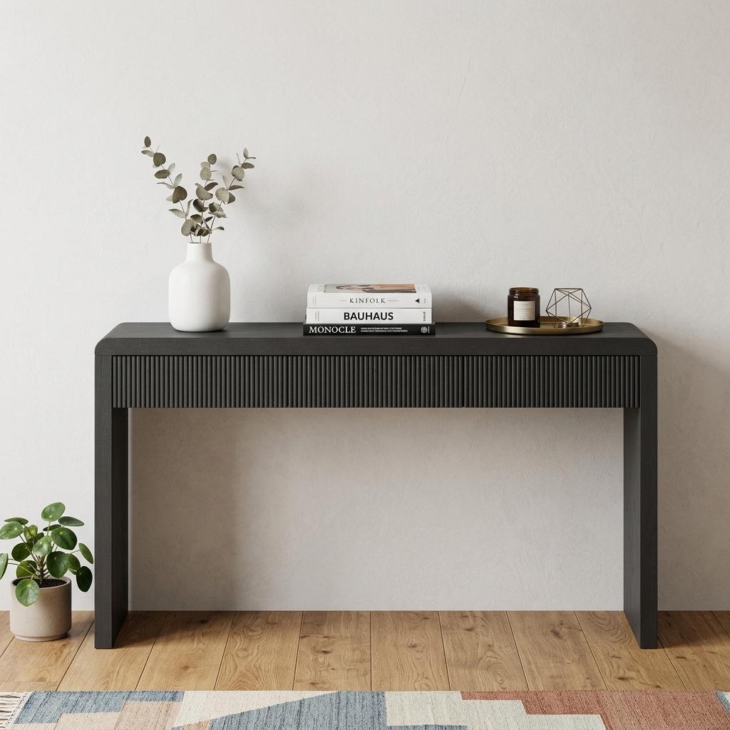 738118 55 in. Black Wood Double Pedestal Console Table with Three Drawers