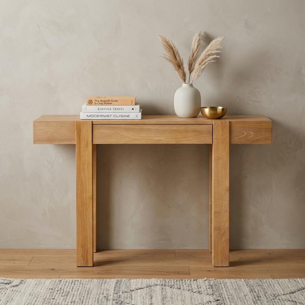 738122 47 in. Natural Wood Console Table with USB & Drawer