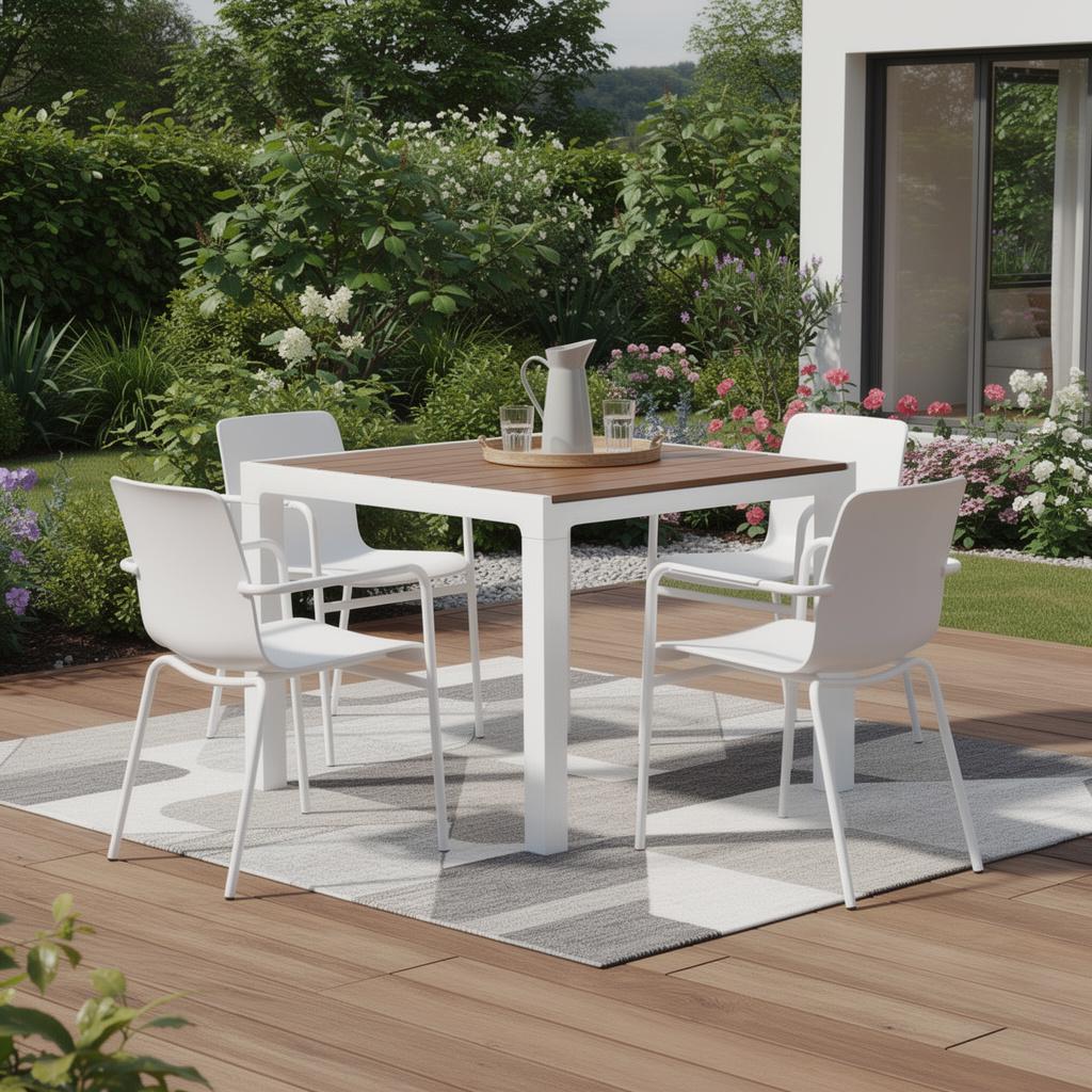 738065 35 in. White Heavy Duty Plastic Square Outdoor Dining Table with Umbrella Hole