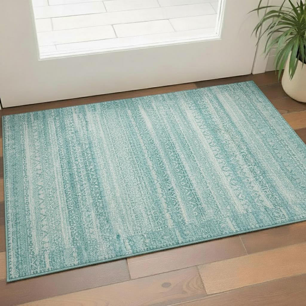 717810 3 x 5 ft. Aqua & Ivory Striped Washable Rectangle Area Rug with UV Protection