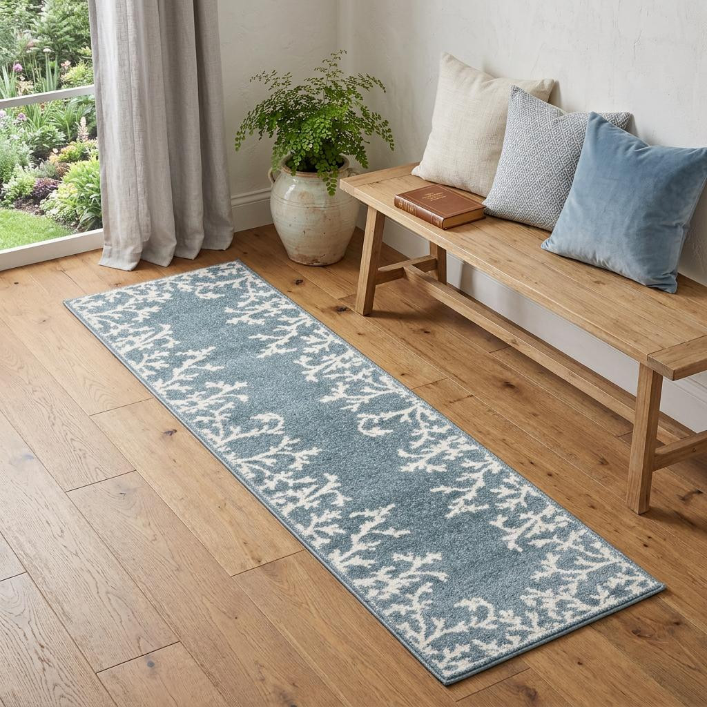 723971 7 ft. Blue & Ivory Seashell & Coral Runner Area Rug