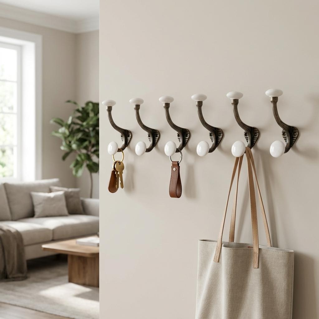 635800 Bronze & White Cast Iron & Ceramic Double Wall Hooks - Set of 6
