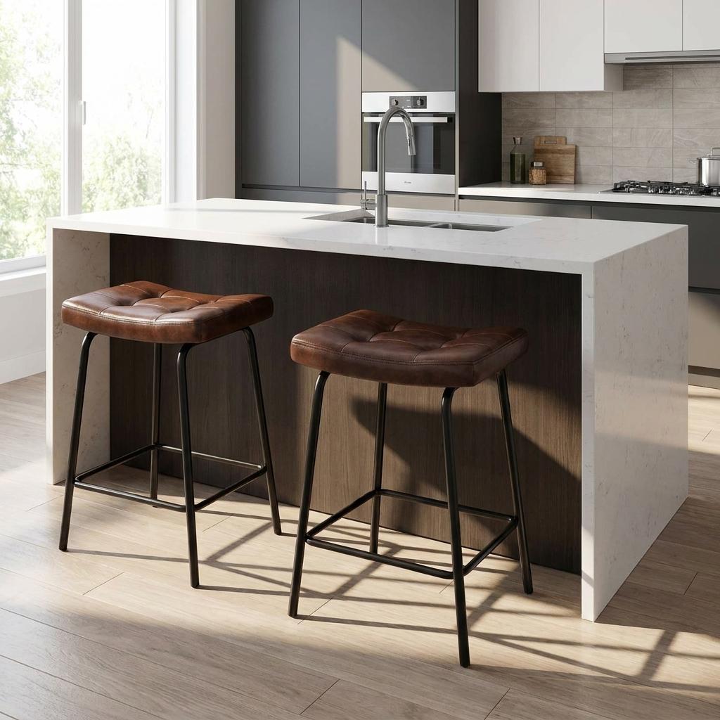 752777 25 in. Dark Brown & Black Faux Leather & Metal Counter Height Bar Chairs - Set of 2