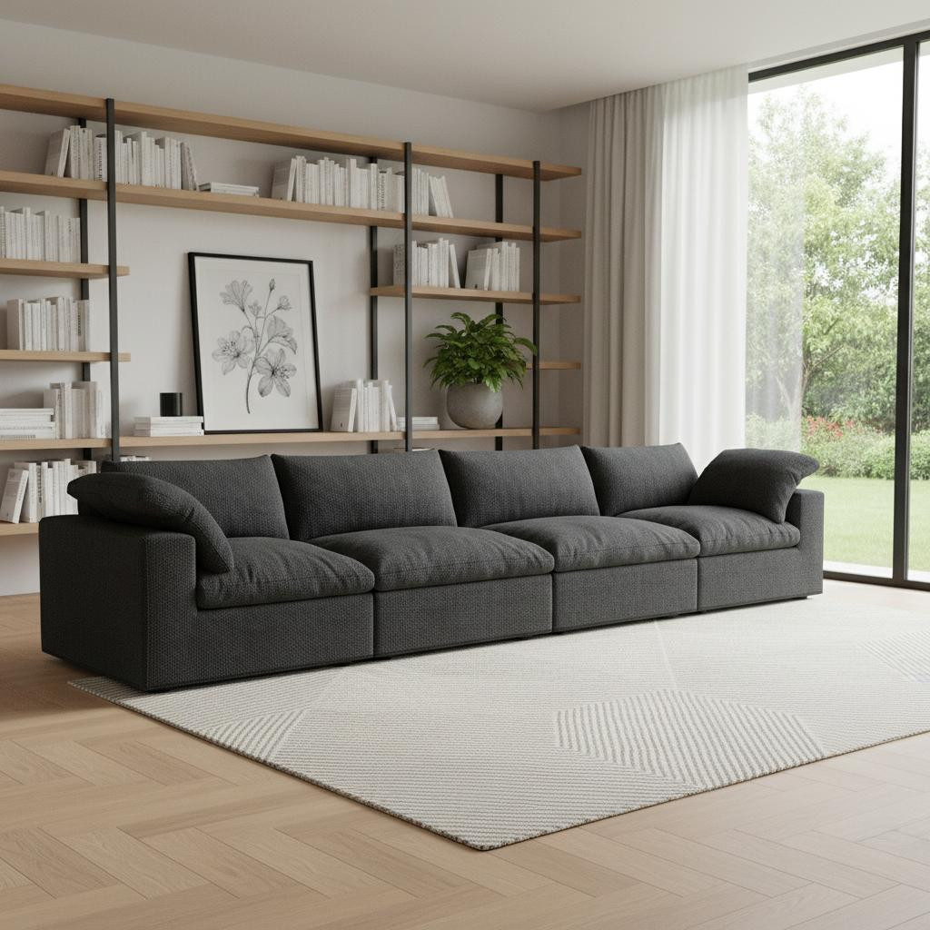 714580 160 in. Black Linen Blend Modular Sofa with Toss Pillows