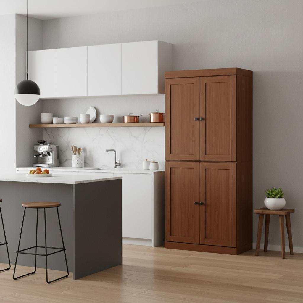 722603 72 in. Brown Solid Wood Four Door Pantry or Storage Closet