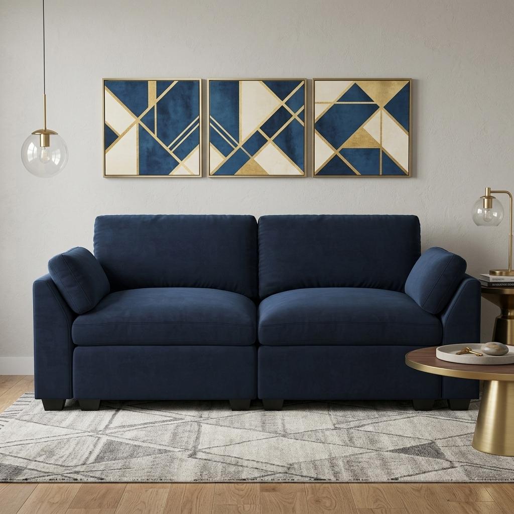 740787 75 in. Navy Blue & Black Velvet Modular Loveseat