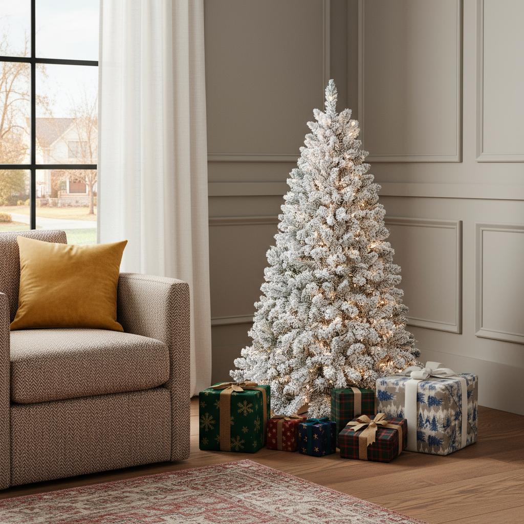 709832 5 ft. Pre Lit Full Flocked Spruce Christmas Tree