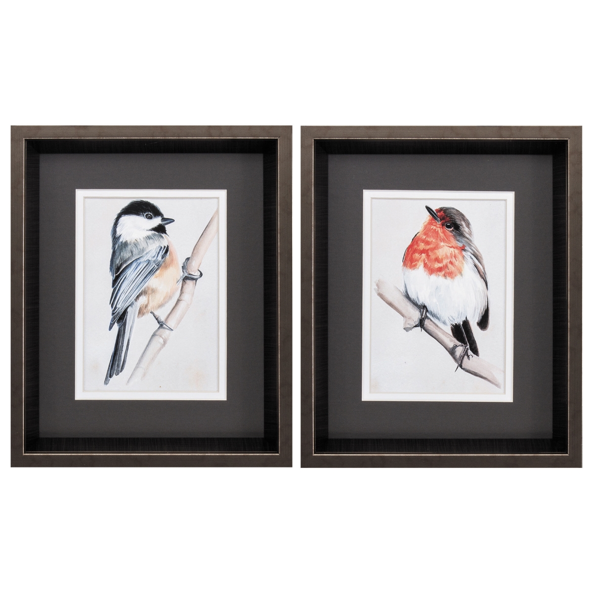 365116 10 x 12 in. Brushed Silver Frame Bird on Branch Wall Decor, Set of 2