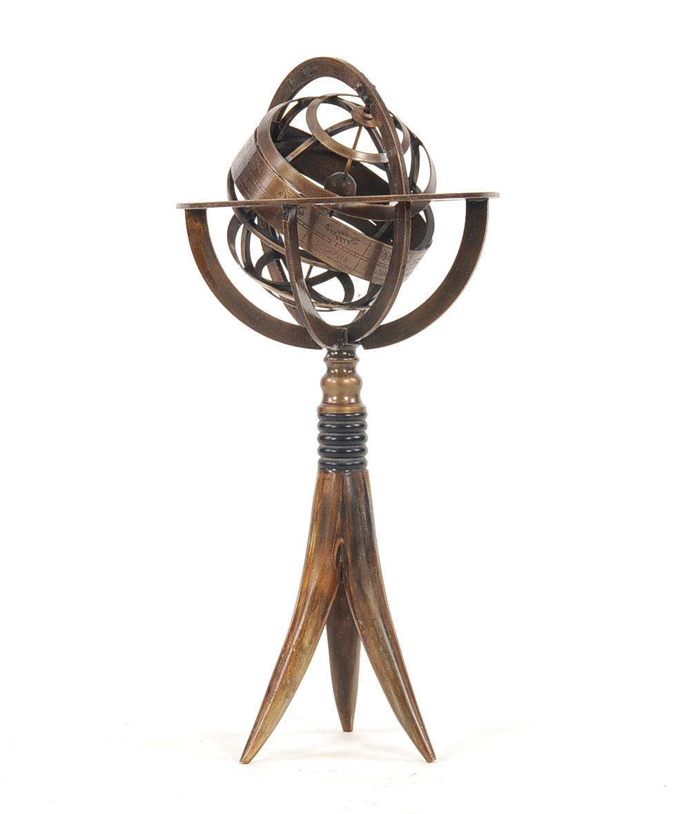 Multi Color Brass Armillary on Horn Stand - 5.5 x 5.5 x 12 in.