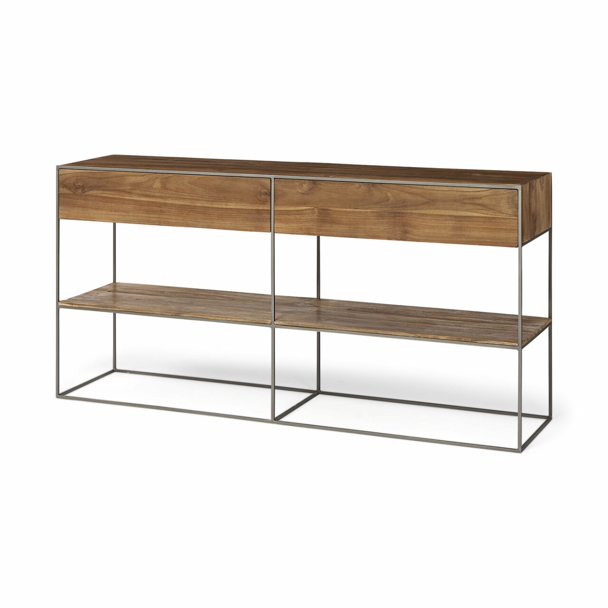 Brown Wood & Silver Metal Frame with 2 Drawer, Sideboard - 30.7 x 15 x 63 in.