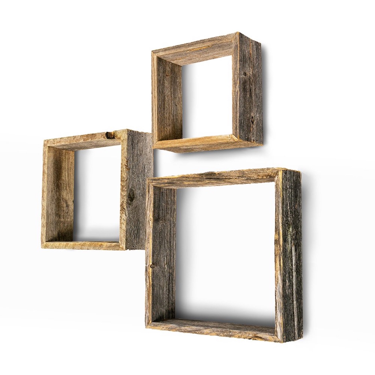 Square Rustic Natural Weathered Grey Wood Open Box Shelve - Set of 3