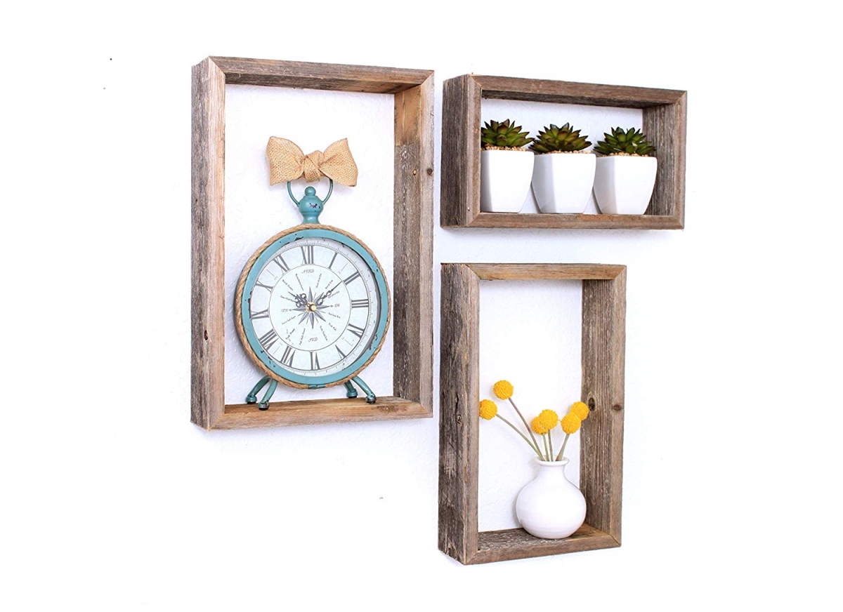 Rectangular Rustic Natural Weathered Grey Wood Open Box Shelve - Set of 3