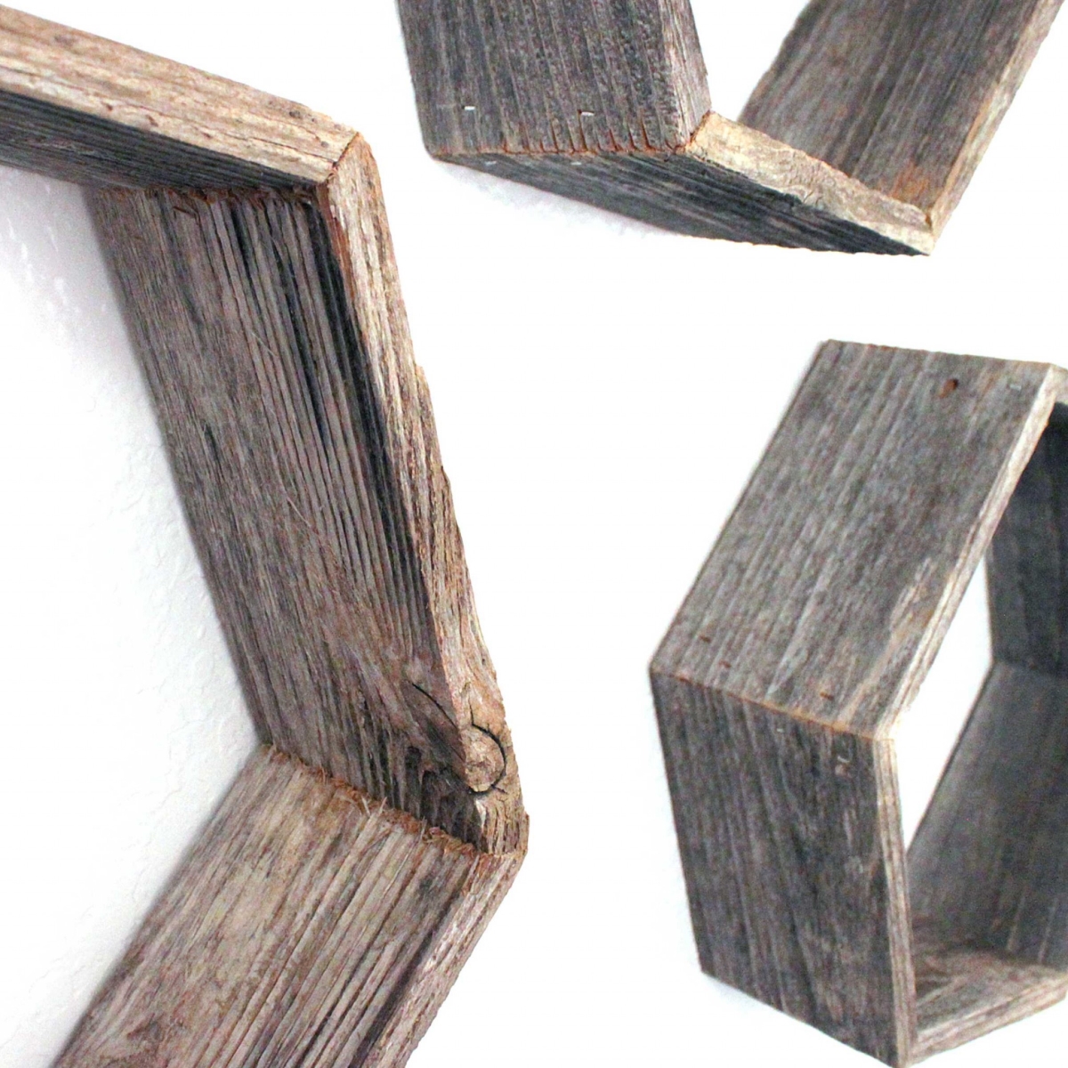 Hexagon Rustic Natural Weathered Grey Wood Open Box Shelve - Set of 3
