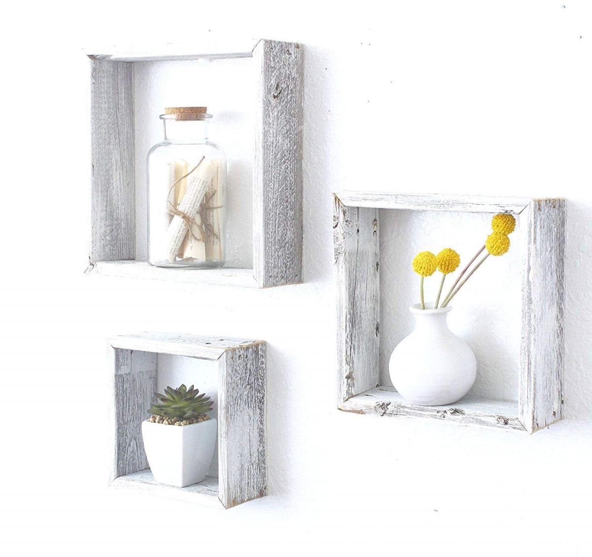 Square Rustic White Wash Wood Open Box Shelve - Set of 3