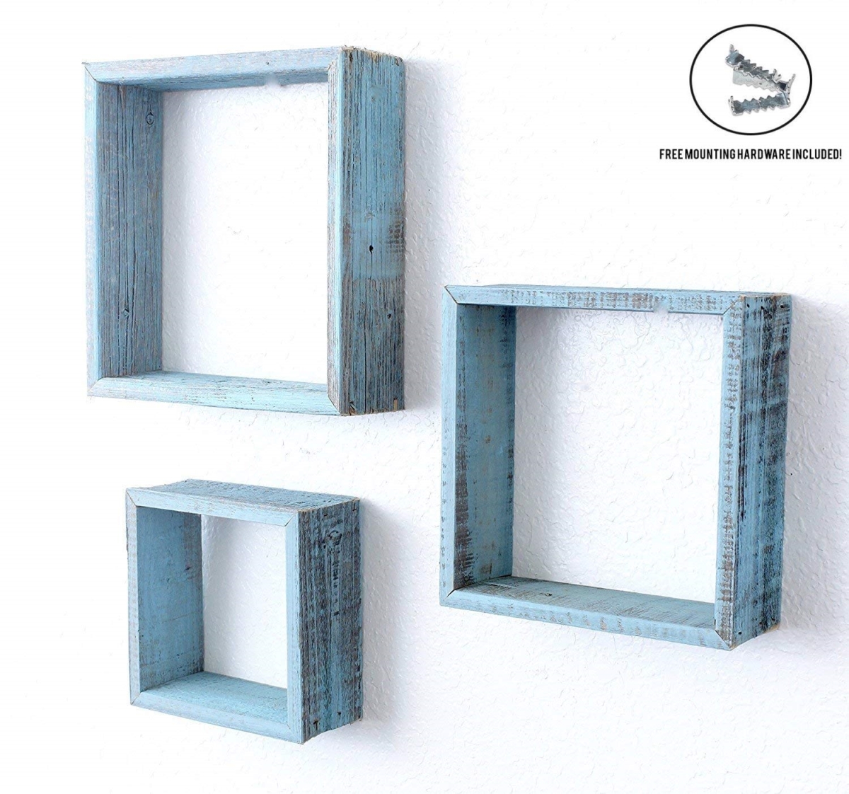 Square Robins Egg Blue Reclaimed Wood Open Box Shelve - Set of 3