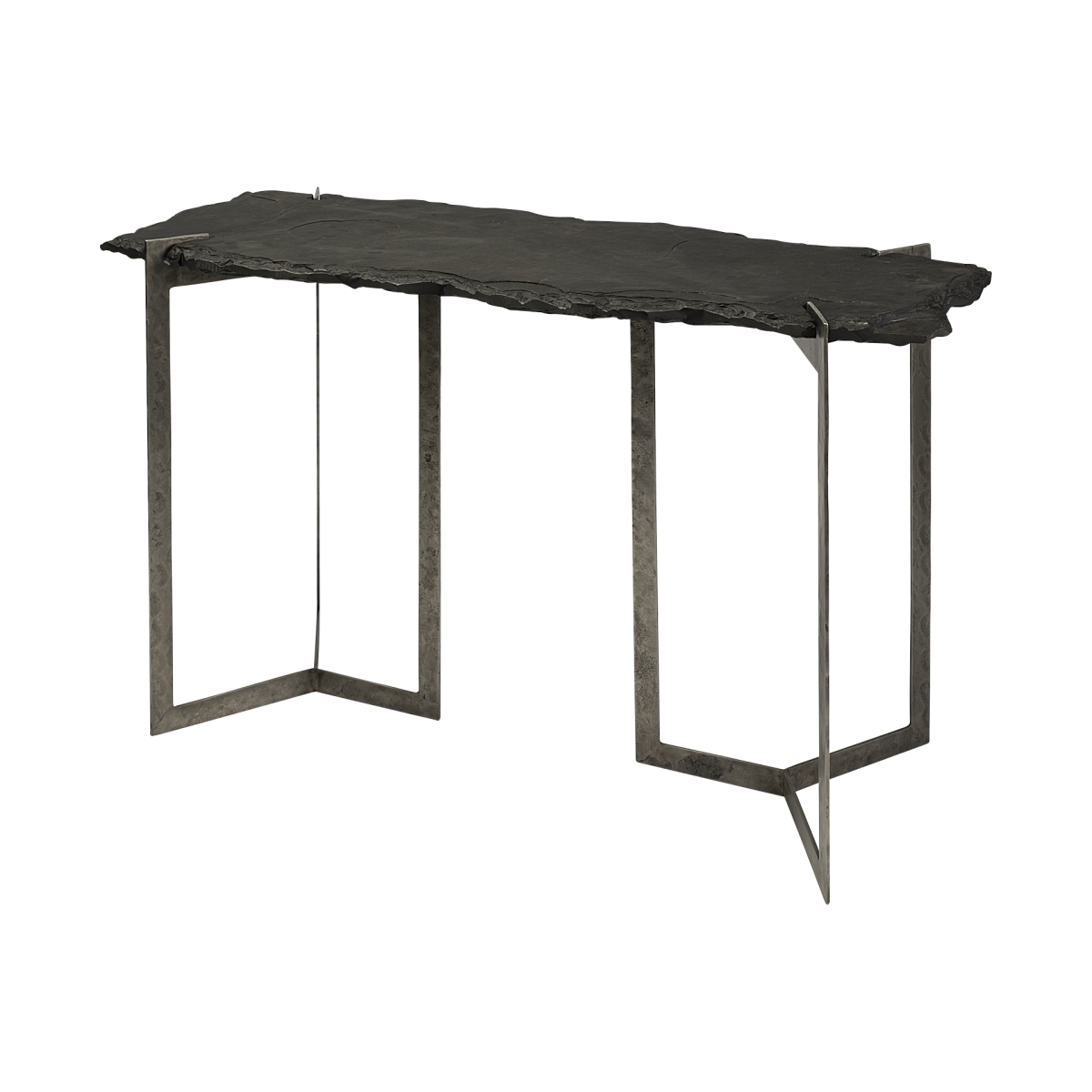 380247 Rectangular Black Live Edge Slate Console Table with Double Pedestal Base