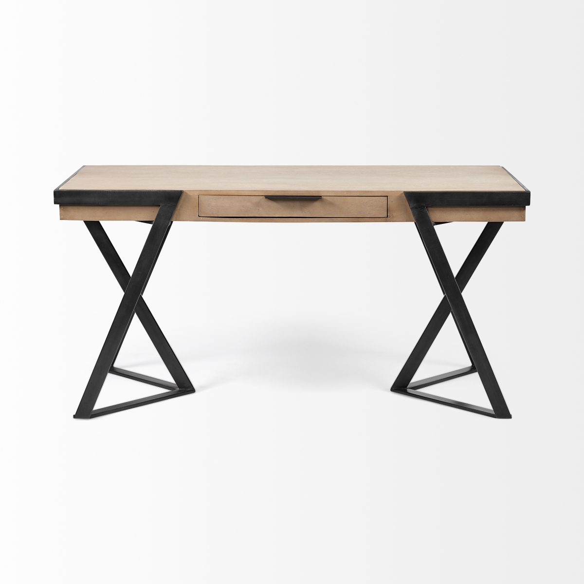380231 31.5 x 24.5 x 63.5 in. Solid Mango Writing Desk with Single Storage & Triangular Iron Leg, Brown