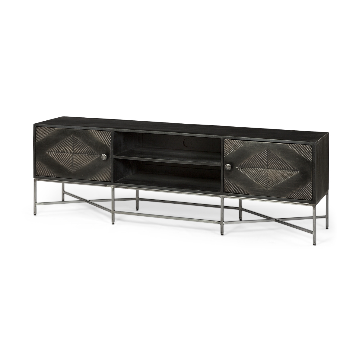 380227 Solid Mango Wood Finish TV Stand Media Console Table with 2 Doors & 2 Open Shelves, Dark Brown