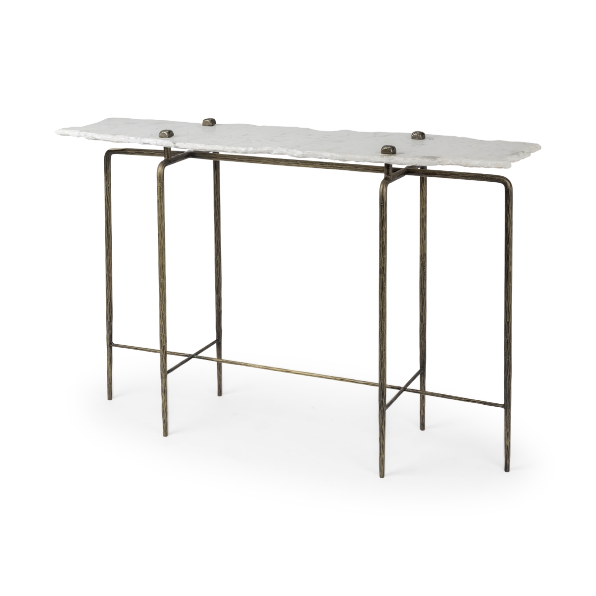 380223 White Marble Console Table with Brass Toned Iron Base