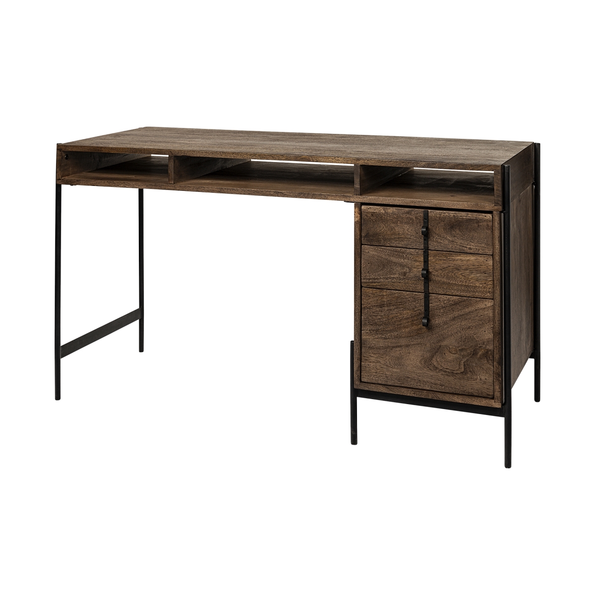380203 Medium Brown Wooden Writing Desk with 3 Drawers & 3 Open Shelves