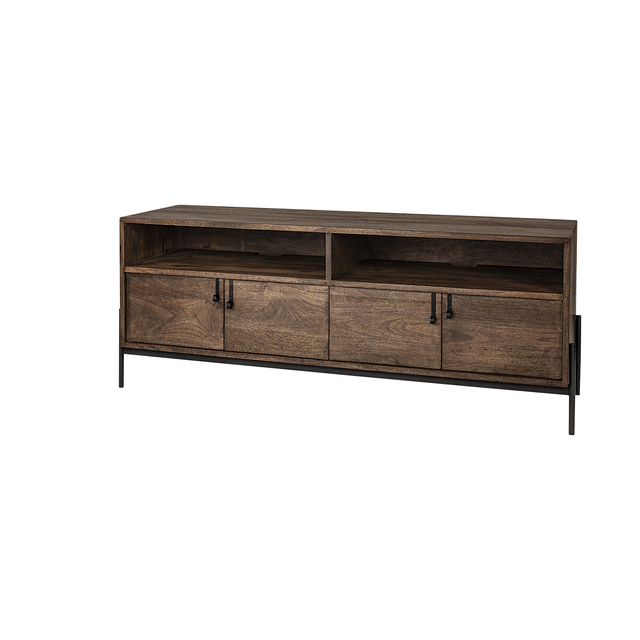 380198 24 x 18 x 61.5 in. Mango Wood Finish TV Stand Media Console with 4 Doors & 2 Open Shelves, Medium Brown