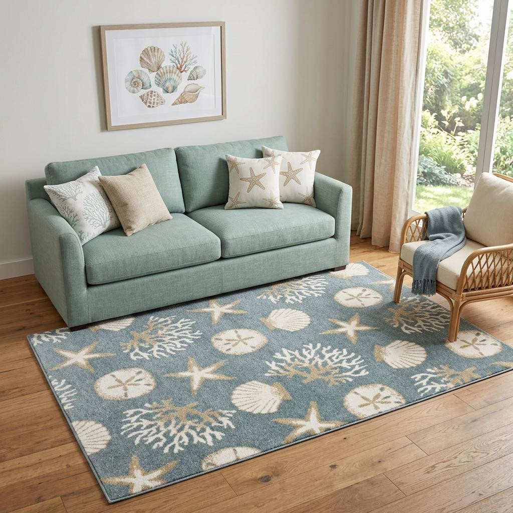 723990 5 x 7 ft. Blue & Beige Seashell & Coral Rectangle Area Rug