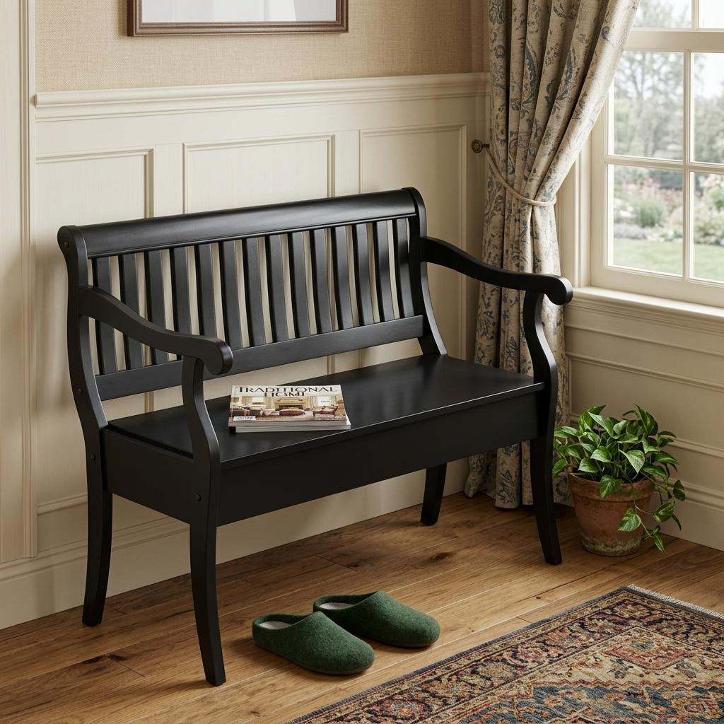 733249 42 in. Black Solid Wood Storage Bench with Flip Top