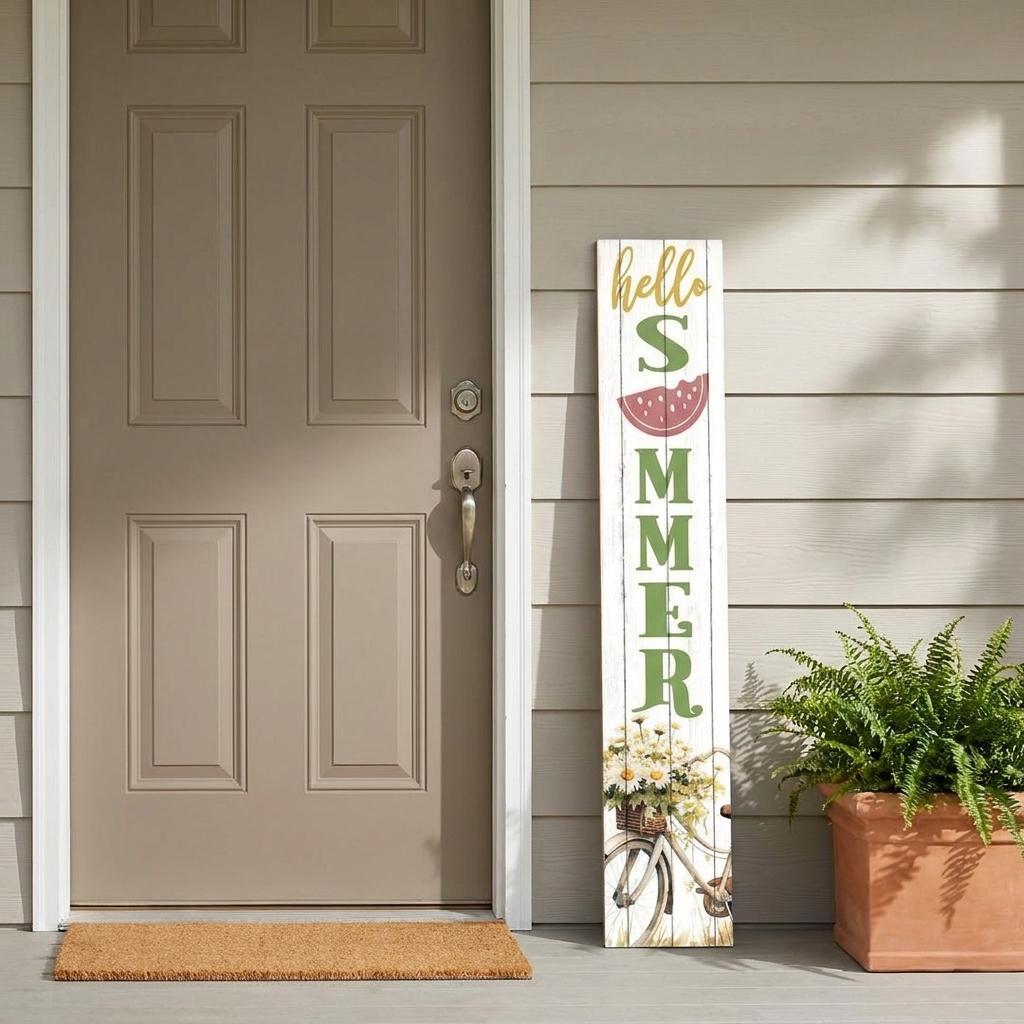 754374 46 in. White Yellow & Green Solid Wood Bicycle Floral Hello Summer Porch Sign