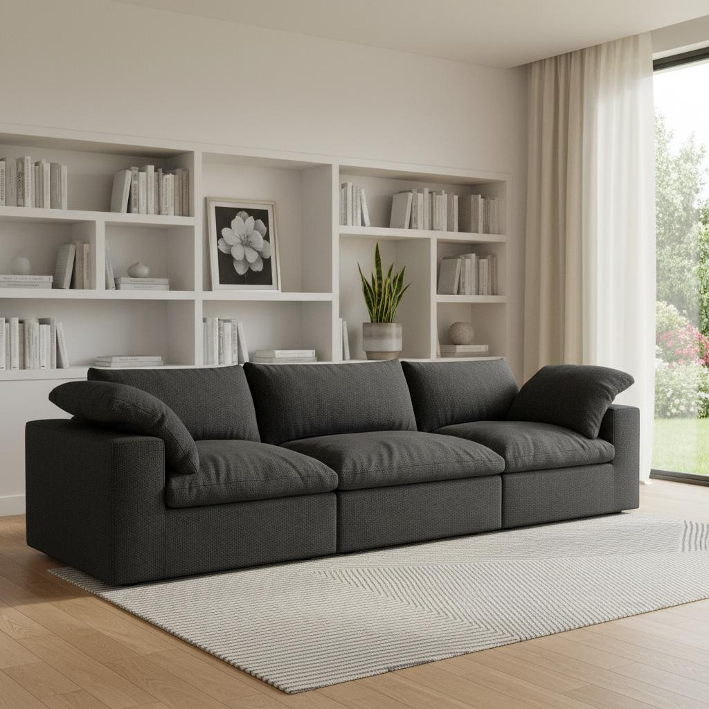 714581 120 in. Black Linen Blend Modular Sofa with Toss Pillows