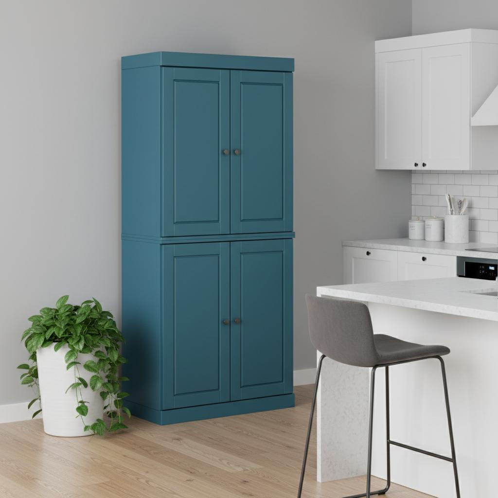 722594 72 in. Teal & Blue Solid Wood Four Door Pantry or Storage Closet