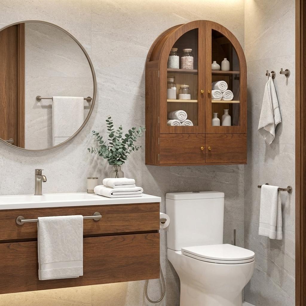 738026 34 in. Brown Wood Wall Mounted Glass Panel Inlay Four Door Bathroom Cabinet