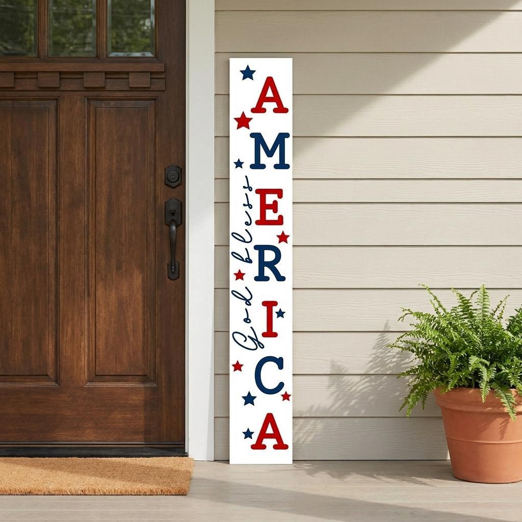 748977 59 in. Red, White & Blue Solid Wood God Bless America Porch Sign