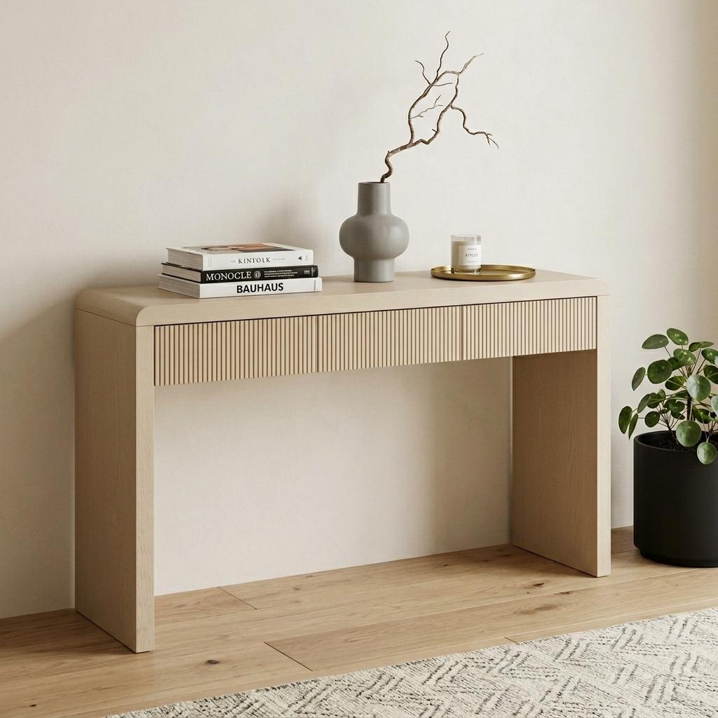738117 55 in. Natural Wood Double Pedestal Console Table with Three Drawers